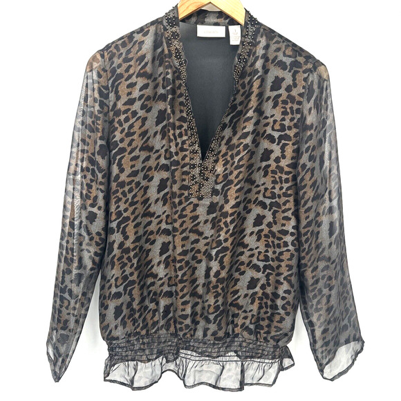 Chico's Blouse Womens Medium Semi Sheer Animal Print Beaded Pullover - Picture 1 of 9